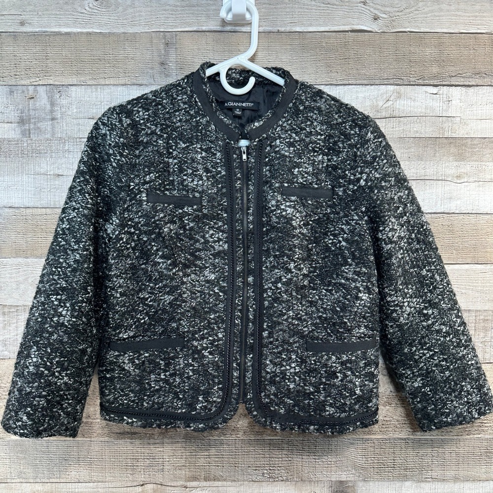 A. Giannetti Womens Charcoal Grey Boucle Full Zip Blazer Jacket Size M